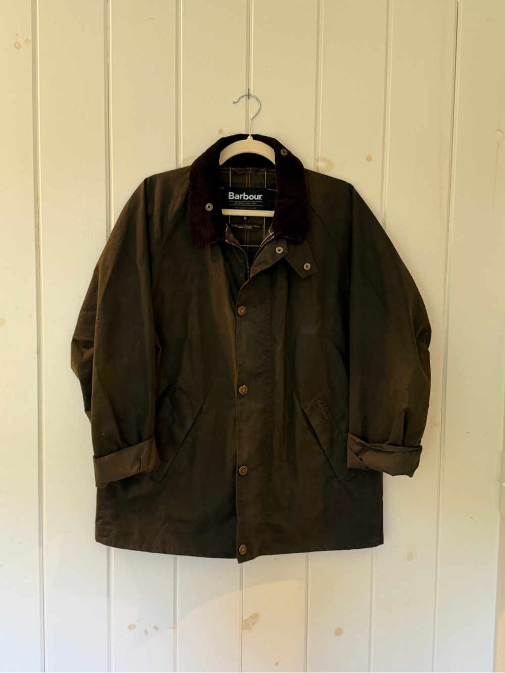 Barbour Dark Olive Waxed Field Jacket with Brown Cord Collar